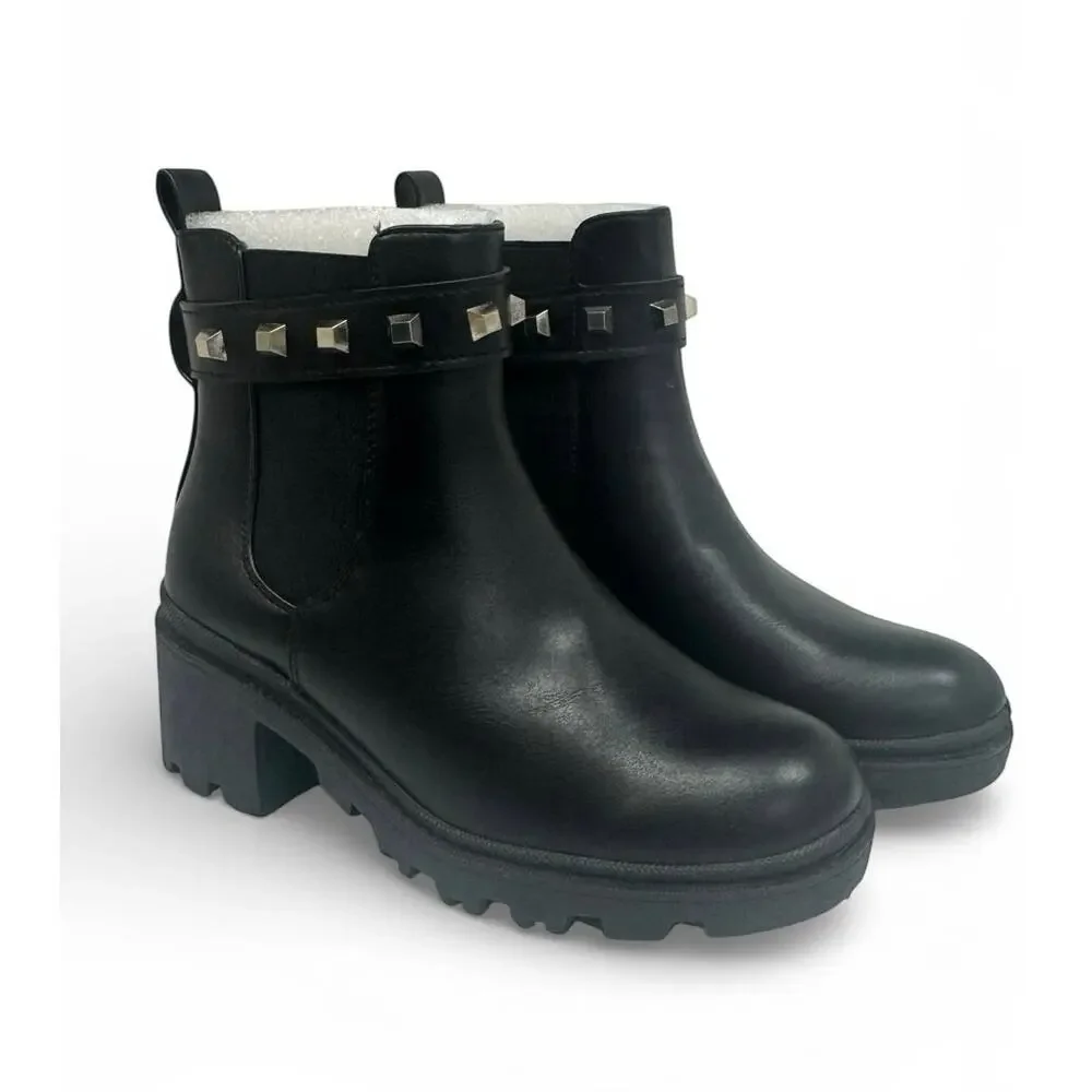 Black Studded Chelsea Ankle Boots Lug Sole Block Heel Size 6.5